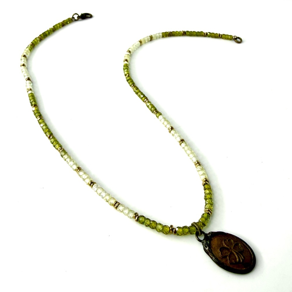 Vintage Shamrock Pendant, Shaded Green Cubic Zirconia Beaded Necklace